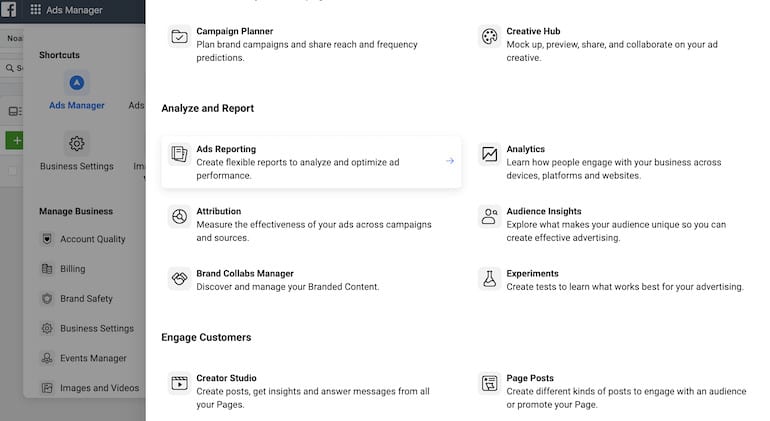 Facebook Ads Reporting Menu Dashboard.