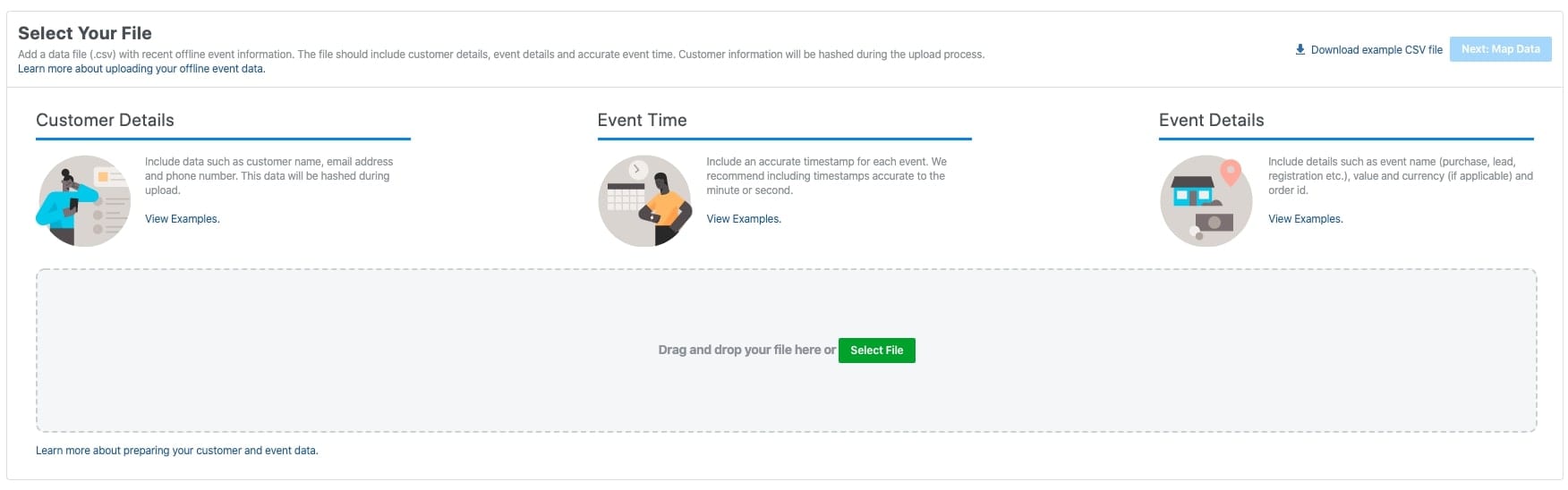 Facebook Ads interface for uploading Offline Events data.