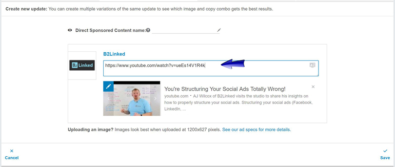 Paste your YouTube link into the field in the ad creator