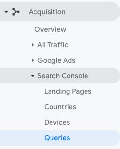 Navigate down to queries in Google Analytics