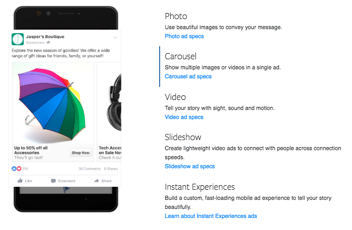 Facebook ad types