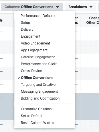 Facebook Ads Reporting Column Presets