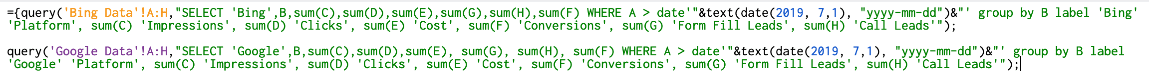 google sheets query function combing multiple queries