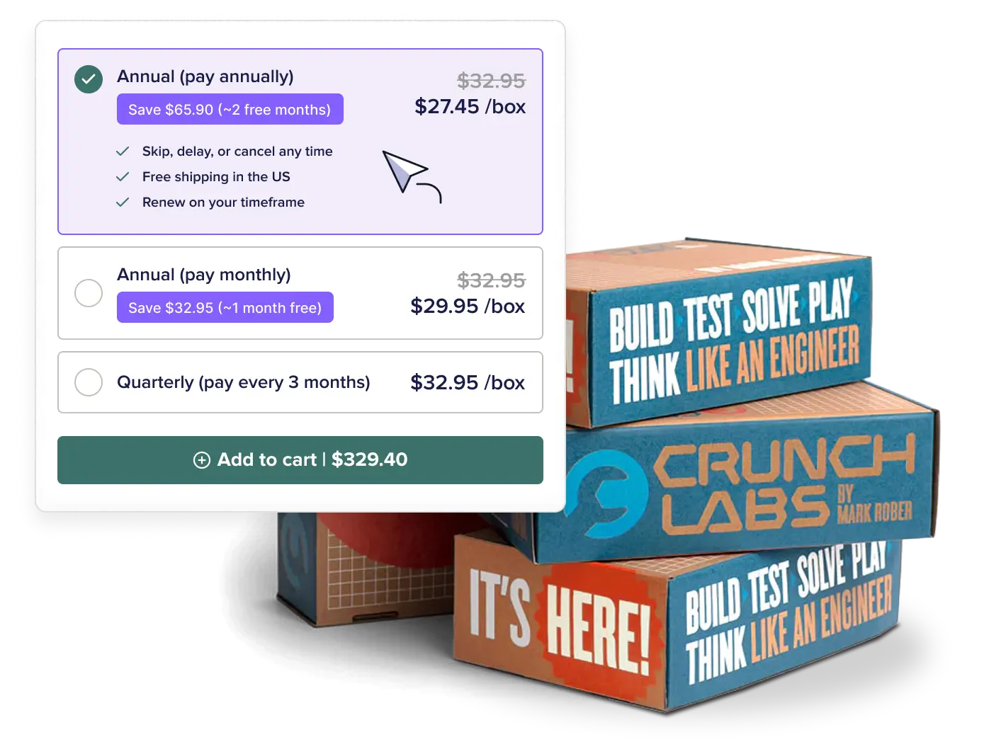 CrunchLabs boxes behind a graphic illustrating the UX for choosing between subscription types